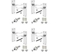 Golden Grace 4 Set of Victorian Scroll Latch Door Handles Polished Chrome with 1 Pair of 3" Ball Bearing Hinges & Latches Pack Sets 150mm x 40mm Backplate