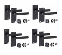 Golden Grace 4 Set of Victorian Straight T-Bar Handle Latch Door Handles Matt Black with 1 Pair of 3" Ball Bearing Hinges & Latches Pack Sets 120mm x 40mm Backplate