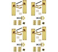 Golden Grace 4 Sets of Polished Brass Scroll Long Plate Lever Latch Door Handles 150mm +Hinges & Latches