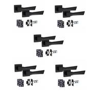 Golden Grace 5 Pair Modern Aura Design Matt Black Premium Door Handles Square Rose 3" Ball Bearing Hinges and 2.5" Tubular Latch