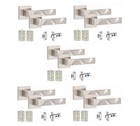 Golden Grace 5 Pair Modern Nova Design Satin Nickel Premium Door Handles Square Rose 3" Ball Bearing Hinges and 2.5" Tubular Latch