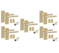 Golden Grace 5 Pair Victorian T-Bar Knurled Internal Door Handle Sets Satin Brushed Brass 150 x 40mm with 2.5" Latch & Hinges