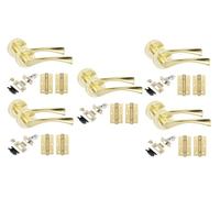 Golden Grace 5 Set Astrid Design Door Handles with Tubular Latch and 1 Pair of 3" Ball Bearing Hinges Satin Brass Finish