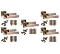 Golden Grace 5 Set Delta Design Square Rose Door Handles With Latch And Hinges Antique Brass Finish