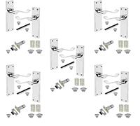 Golden Grace 5 Set of Victorian Scroll Latch Door Handles Polished Chrome with 1 Pair of 3" Ball Bearing Hinges & Latches Pack Sets 150mm x 40mm Backplate