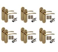 Golden Grace 6 Pair Victorian Long Plate Indiana Design Internal Door Handle Sets Antique Brass 182 x 45mm with 2.5" Latch & Hinges