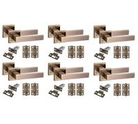 Golden Grace 6 Set Delta Design Square Rose Door Handles with Latch and Ball Bearing Hinges Antique Brass Finish