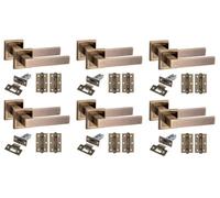 Golden Grace 6 Set Delta Design Square Rose Door Handles With Latch And Hinges Antique Brass Finish