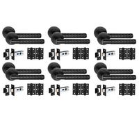 Golden Grace 6 Set Knurled Diamond Cut T-Bar Internal Door Handles With Latch And Hinges Matt Black Finish