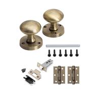 Golden Grace Antique Brass Mortice Sprung Door Knob Internal Pack with 1 Pair of 3" Ball Bearing Hinges and 75mm Tubular Latch (Door Knob Internal Set)