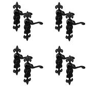 Golden Grace Antique Fleur De LYS Latch Door Handles, Black, 4 Pairs | Includes spindle and screws for easy installation, with a 195mm x 42mm backplate to add rustic character to non-locking doors
