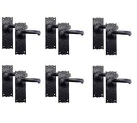Golden Grace Antique Latch Door Handles 150x52mm, Black Cast Iron, 6 Pairs | Includes screws and spindle for easy installation, with a textured ornate design that adds depth to living room doors.