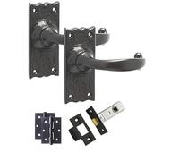 Golden Grace Antique Plain Door Handles with 64mm Tubular Latch, Black | Includes 120mm x 50mm backplate, spindle, fixing screws, and a pair of ball bearing hinges for instant installation.