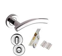 Golden Grace Arched T-Bar Bathroom Handle Set, Polished Chrome | Includes 1 pair of 3-inch hinges, lock, thumbturn, plus all screws and spindles for a complete setup on 52mm rose doors.