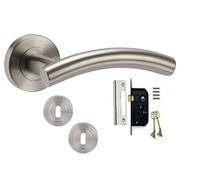 Golden Grace Arched T-Bar Door Handle Lever Rose, Satin Chrome Key Lock | Includes matching keyhole escutcheons, spindle, and screws for a complete setup, featuring a 3-lever lock mechanism.