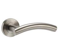Golden Grace Arched T-Bar Door Handles, Brushed Steel, 51mm, 1 Pair | Includes screws and spindle for easy installation, featuring a modern arched rose design in a sleek brushed steel finish.
