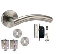 Golden Grace Arched T-Bar Door Handles Lever on Round Rose in Satin Nickel Finish with 3 Lever Lock, Keys & 1 Pair of 3" Hinges