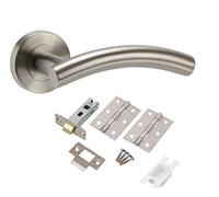 Golden Grace Arched T-Bar Door Handles on Round Rose in Satin Nickel Finish with Latch & Ball Bearing Hinges, 1 Sets