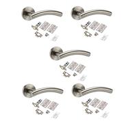 Golden Grace Arched T-Bar Door Handles on Round Rose in Satin Nickel Finish with Latch & Ball Bearing Hinges, 5 Sets