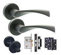 Golden Grace Astrid Bathroom Door Handle Set, Matt Black 51mm | Includes matching black lever lock, thumb turn, spindle, screws, and ball bearing hinges for easy, coordinated setup.