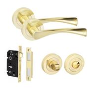 Golden Grace Astrid Bathroom Door Handle Set with Lock, Bathroom Set | Satin brass finished metal handles on a rose base withstand high humidity and frequent use in modern wetrooms.