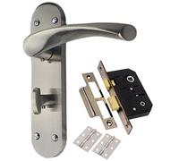 Golden Grace Astrid Bathroom Door Handles Satin Nickel, 182x45mm | Includes bathroom mortise lock, 3-inch hinges, spindle and fixings for a hassle-free setup with a modern metal finish.