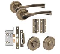 Golden Grace Astrid Bathroom Door Handles Set, Antique Brass, Bathroom Set | Includes 3-inch ball bearing hinges, matching thumbturn, and a 64mm mortise lock for a complete bathroom door setup.