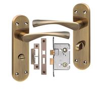 Golden Grace Astrid Bathroom Door Handles with Mortise Lock, Antique Brass | Includes spindles and fixing screws for quick installation, with a 182mm x 45mm backplate and scroll-style design.