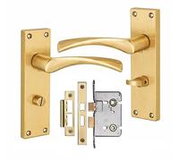 Golden Grace Astrid Bathroom Door Handles with Mortise Lock, Satin Brass | Supplied with spindles and fixing screws. Classic plain edge design on a 150mm x 40mm backplate in warm satin brass.