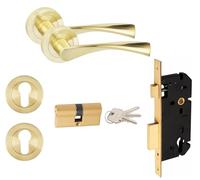 Golden Grace Astrid Design 70mm Euro Lock Door Handle Set, Satin Brass | Includes a pair of T-bar rose handles, escutcheon, and double cylinder in a contemporary satin brass finish.