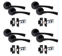 Golden Grace Astrid Design Door Handles on Round Rose Latch in Matt Black Finish with 2.5" Tubular Latch, 4 Pairs - 52mm Diameter