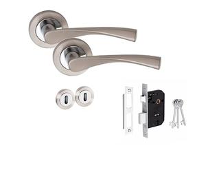 Golden Grace Astrid Design Key Lock Door Handles Set on Round Rose in Duo Chrome Finish with 64mm 3 Lever Mortise Lock & Key Hole