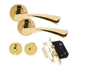 Golden Grace Astrid Design Modern Bathroom Door Handles On Round Rose in Polished Brass Finish with Thumbturn & 2.5" Bathroom Mortise Lock