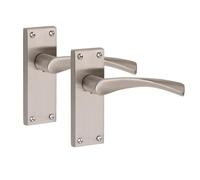 Golden Grace Astrid Door Handle, 120 x 40mm, Satin Nickel, 1 Pair | Victorian Astrid Scroll style on a plain edge backplate. Includes spindles and fixing screws for quick, simple fitting.