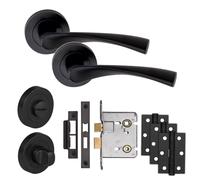 Golden Grace Astrid Door Handles, 3" Bathroom Mortice Lock, Matt Black Set | Golden Grace Astrid rose door handles Matt Black finish including 3x3" Ball Bearing Hinges, 3" latch & Various lock sets