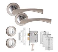 Golden Grace Astrid Door Handles 3" Sash Lock, Keys, Hinges Set, Duo Chrome | Golden Grace Astrid rose door handles Duo Chrome finish including 3x3" Ball Bearing Hinges, 3" latch & Various lock sets