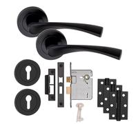 Golden Grace Astrid Door Handles 3" Sash Lock, Keys, Hinges Set, Matt Black | Golden Grace Astrid rose door handles Matt Black finish including 3x3" Ball Bearing Hinges, 3" latch & Various lock sets