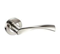 Golden Grace Astrid Door Handles, Duo Finish Satin Nickel Polished Chrome | Supplied as 1 pair with 52mm x 52mm round roses, built from durable metal to withstand heavy use in high-traffic areas.