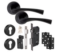 Golden Grace Astrid Door Handles, Euro Key Lock & Hinges, Matt Black | Golden Grace Astrid rose door handles Matt Black finish including 3x3" Ball Bearing Hinges, 3" latch & Various lock sets
