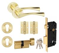 Golden Grace Astrid Euro Key Lock Door Handle Set, Satin Brass | Complete set includes a pair of T-Bar rose handles, 3" ball bearing hinges, escutcheon, cylinder and a 9" lock body.