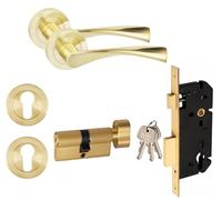 Golden Grace Astrid Euro Thumbturn Door Handle Set, Satin Brass | Includes handles, escutcheon and 70mm thumbturn euro cylinder keys for complete set installation on interior doors.