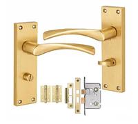 Golden Grace Astrid Scroll Bathroom Door Handles, Satin Brass | Includes 2.5-inch mortise lock, ball bearing hinges, spindle and screws with 150mm x 40mm zinc alloy backplates.