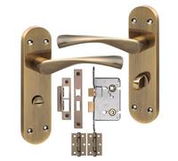 Golden Grace Astrid Scroll Door Handles, Antique Brass Bathroom Set | Includes 182x45mm backplates, 2.5-inch bathroom mortise lock, spindle, and screws for a quick internal door upgrade.