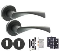 Golden Grace Astrid Twist Design Key Lock Door Handle on Round Rose Set in Matte Black Finish Complete with 3 Lever Mortise Lock & 1 Pair of Ball Bearing Hinges