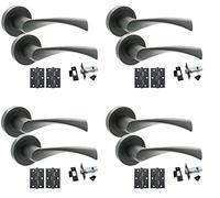 Golden Grace Astrid Twist Design Matt Black Finish Door Handles On Rose with Black Ball Bearing Hinges and Black 64mm Tubular Latch Bathroom Handle (4 Sets)