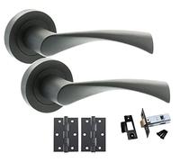 Golden Grace Astrid Twist Door Handle Set with 64mm Latch, Matt Black | Complete interior door pack includes 75mm ball bearing hinges, spindle, and screws for round rose mounting.