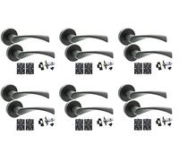 Golden Grace Astrid Twist Door Handles On Rose, Matt Black, 6 Sets | Includes spindle, screws, 75mm ball bearing hinges, and 64mm tubular latches for complete, hassle-free interior installation.