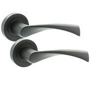 Golden Grace Astrid Twist Door Handles on Round Rose, 1 Pair, Matt Black | Includes spindle and fixing screws for quick, easy interior fitting, with matching bathroom, latch and hinge sets available.
