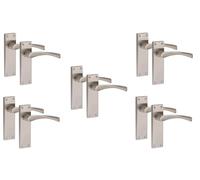Golden Grace Astrid Victorian Scroll Door Handle, Satin Nickel, 5 Pairs | Includes spindles and fixing screws for rapid installation on interior doors, featuring a 150x40mm plain edge backplate.