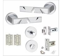 Golden Grace Bathroom Door Handles Set in Polished Chrome, Bathroom Set | Includes 3-inch ball bearing hinges, 2.5-inch deadbolt with thumbturn and matching tubular latch for a complete setup.